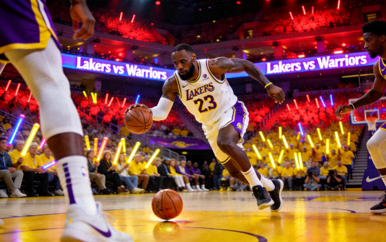NBA球馆内球员运球突破与现场观众席灯光